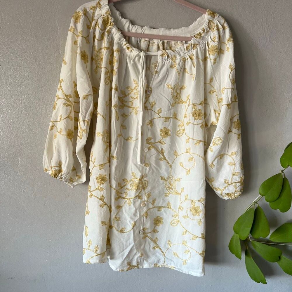 Anthropologie Kindred metallic gold embroidered all over puffy sleeves blouse